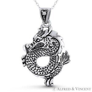 Chinese Dragon Shenlong Feng Shui Charm Pendant in Oxidized .925 Sterling Silver